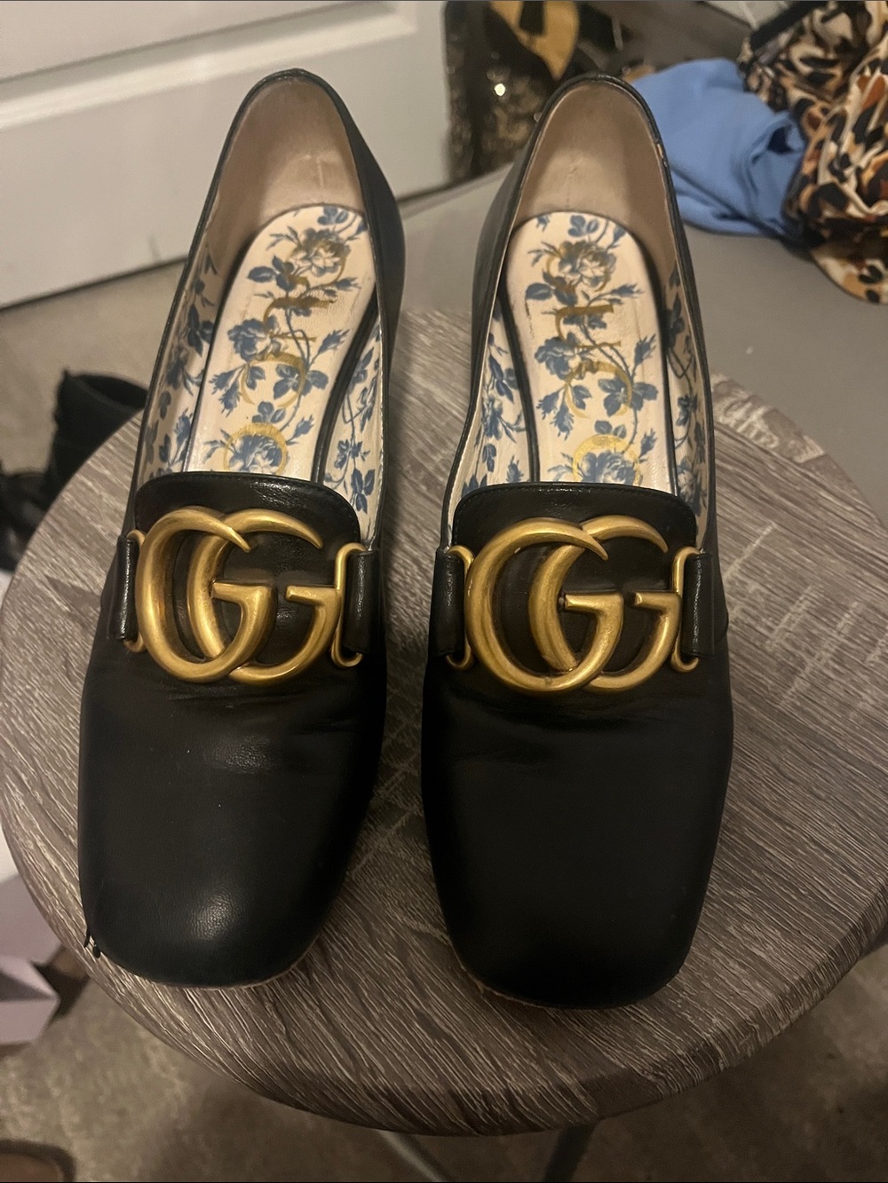 Gucci Black Leather Loafers with Gold Double G Hardware